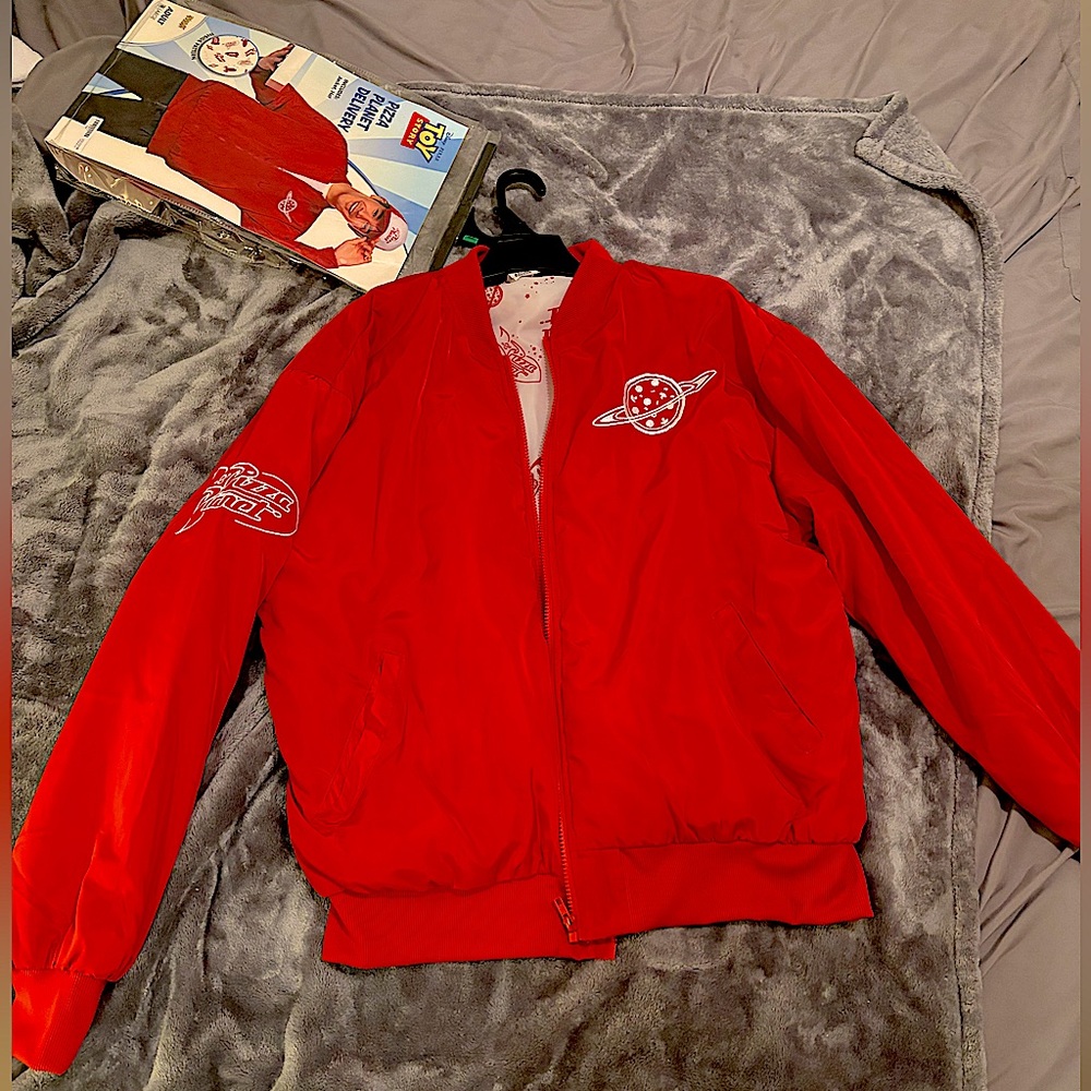 Toy Story brand Pizza Planet Jacket - Adult Large. Pizza Planet Baseball Cap.